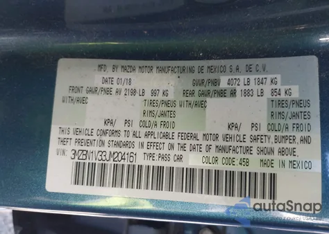 2018 Mazda Mazda3 Touring z USA, uszkodzony, nr VIN 3MZBN1V33JM204161